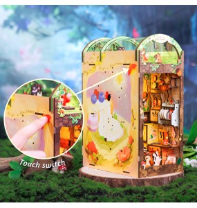 CUTEBEE-Book Nook Kit, DIY Doll House with Touch Light, Dust Cover, Cartoon 3D Bookshelf Insert, Birthday Gift, Mole's Apartment