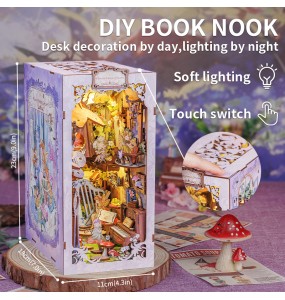 CUTEBEE DIY Book Nook Bookshelf Insert Wooden Dollhouse with Light Dust Cover Decor for Birthday Gifts Flower Forest Concert