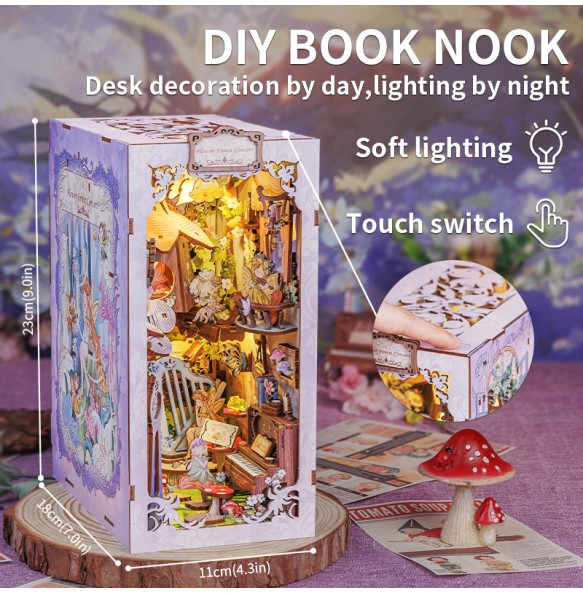 CUTEBEE DIY Book Nook Bookshelf Insert Wooden Dollhouse with Light Dust Cover Decor for Birthday Gifts Flower Forest Concert