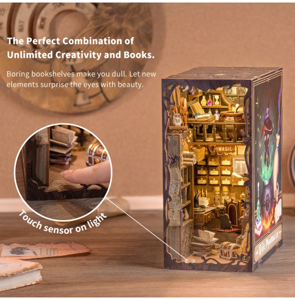 CUTEBEE DIY Book Nook Kit Miniature Doll House Home Touch Light Dust Cover Model Building Toys Gifts Magic Pharmacist