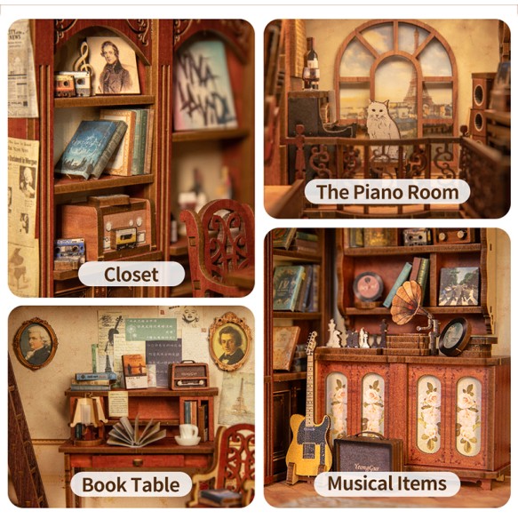 CUTEBEE DIY Book Nook Kit Miniature Doll House with Touch Light Dust Cover Bookshelf Insert Model Toys Gift Secret Rhythm