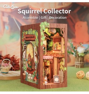 CUTEBEE DIY Book Nook Miniature Wooden Dollhouse with Light Dust Cover Bookshelf Insert 3D Puzzle Decor Gift Squirrel Collector