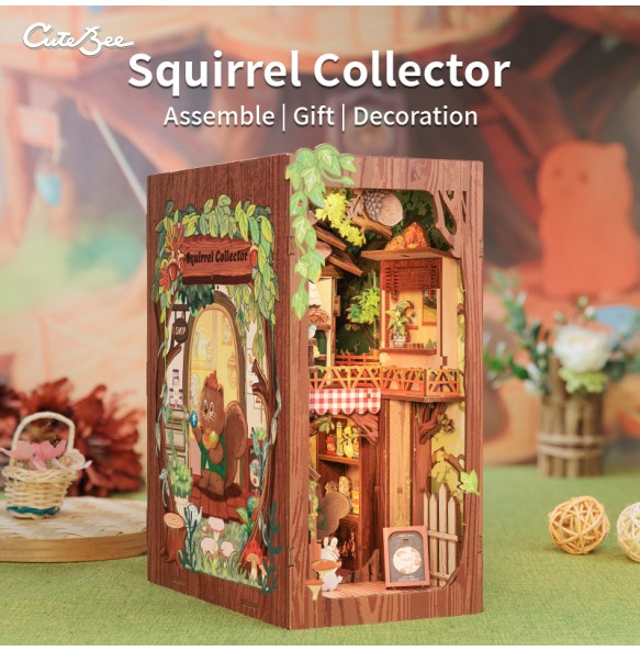 CUTEBEE DIY Book Nook Miniature Wooden Dollhouse with Light Dust Cover Bookshelf Insert 3D Puzzle Decor Gift Squirrel Collector