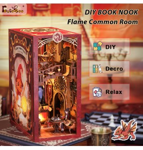 CUTEBEE Book Nook Doll House 3D Puzzle With Touch Light Dust Cover Magic Gift Ideas Bookshelf Insert Toy Gifts Flame Common Room