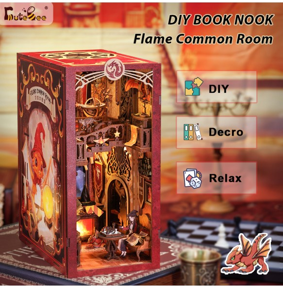 CUTEBEE Book Nook Doll House 3D Puzzle With Touch Light Dust Cover Magic Gift Ideas Bookshelf Insert Toy Gifts Flame Common Room