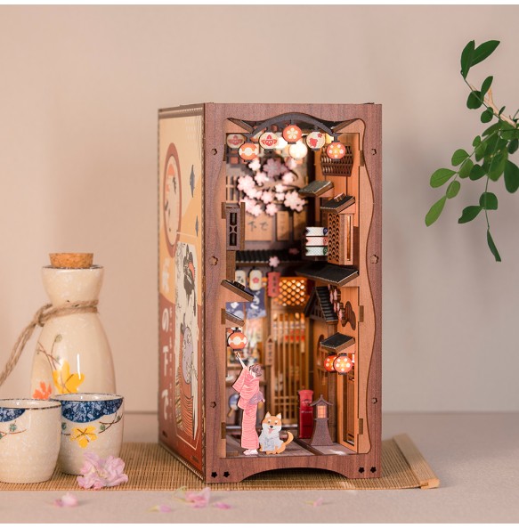 CUTEBEE DIY Book Nook Wooden Dollhouse Bookshelf Insert Miniature House Booknook Sakura Model Toy for Decoration Birthday Gifts