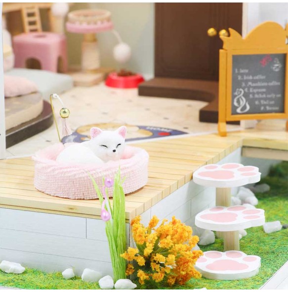 CUTEBEE DIY Miniature Dollhouse with Furniture Light Cute Cat Wooden Doll House Roombox Building Kit Model Toy for Birthday Gift