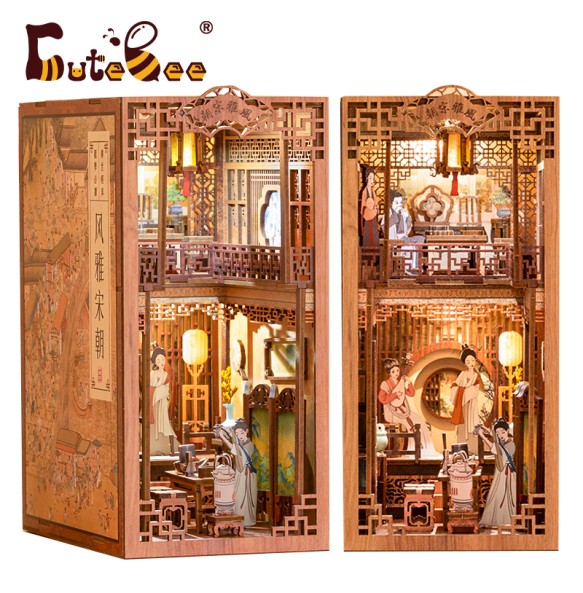 CUTEBEE DIY Book Nook Kit Mini House with Furniture Touch Light Elegant Song Dynasty Chinese Culture 3D Bookend for Adult Gifts