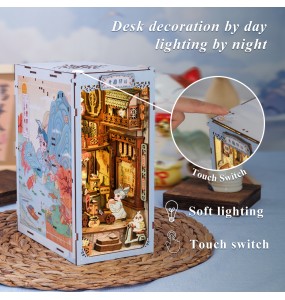 CUTEBEE DIY Book Nook Kit Miniature Doll House With Touch Light Dust Cover Bookshelf Insert Bookends Gifts Azure Phoenix Lodge