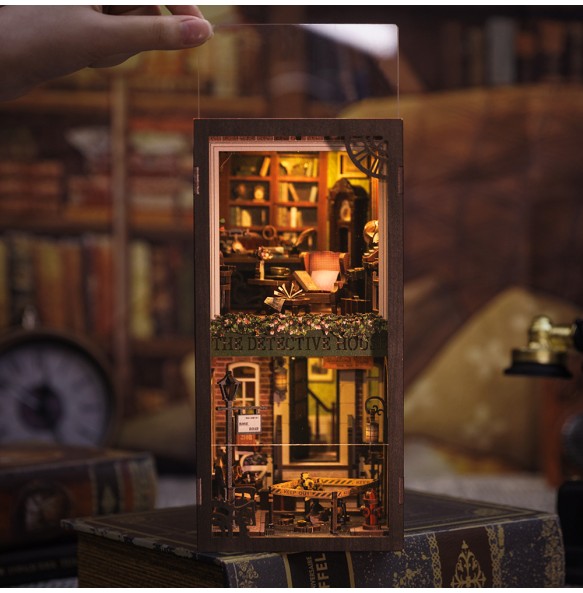 CUTEBEE Book Nook 3D Puzzle Miniature Doll House Kit With Touch Light Dust Cover DIY Bookshelf Insert Gift Rose Detective Agency