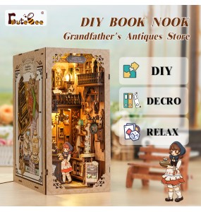 CUTEBEE-DIY Book Nook Kit, Doll House with Touch Light, Dust Cover, Retro 3D Bookshelf Insert, Gift, Antique Shop of Grandfather