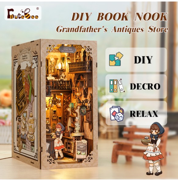 CUTEBEE-DIY Book Nook Kit, Doll House with Touch Light, Dust Cover, Retro 3D Bookshelf Insert, Gift, Antique Shop of Grandfather