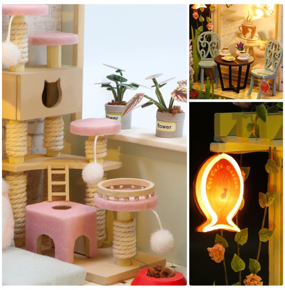 CUTEBEE DIY Miniature Dollhouse with Furniture Light Cute Cat Wooden Doll House Roombox Building Kit Model Toy for Birthday Gift