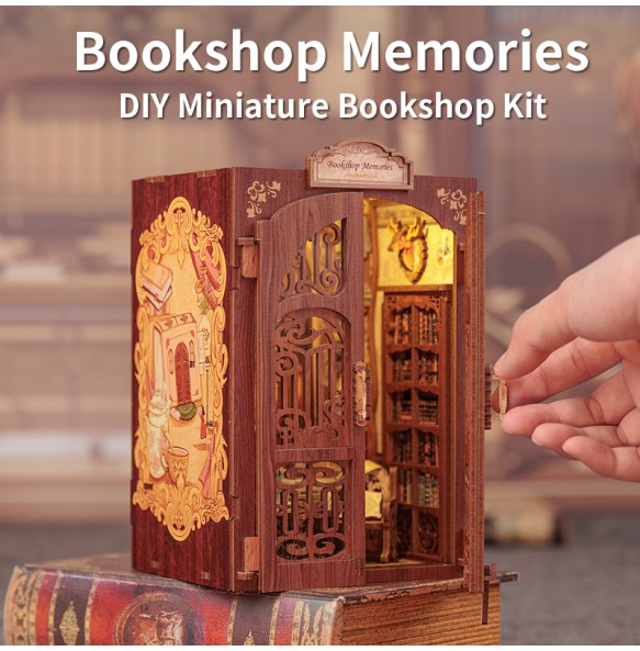 CUTEBEE DIY Book Nook Kit Miniature Wooden Dollhouse with Light Bookshelf Insert Decoration Model for Gifts Bookshop Memories