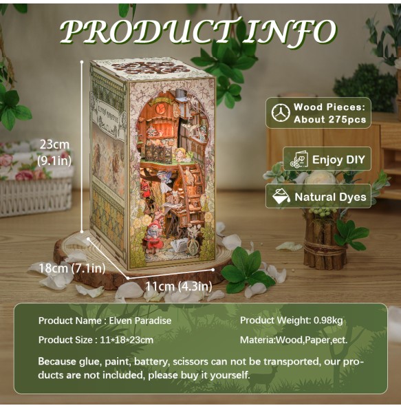 CUTEBEE Book Nook Kit DIY Wooden Doll House with Touch Light Elven Paradise Miniature Building Kits Model for Decompression Gift