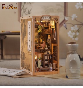 CUTEBEE Book Nook Miniature DollHouse Kit With Touch Light Dust Cover Doll House Model Toy For Birthday Gift Ink Rhyme Bookstore