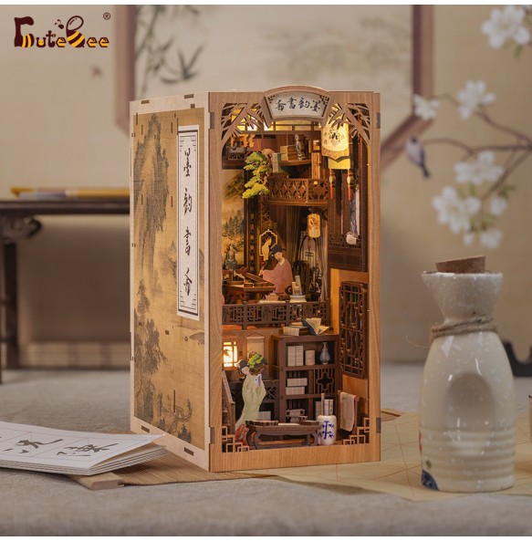 CUTEBEE Book Nook Miniature DollHouse Kit With Touch Light Dust Cover Doll House Model Toy For Birthday Gift Ink Rhyme Bookstore