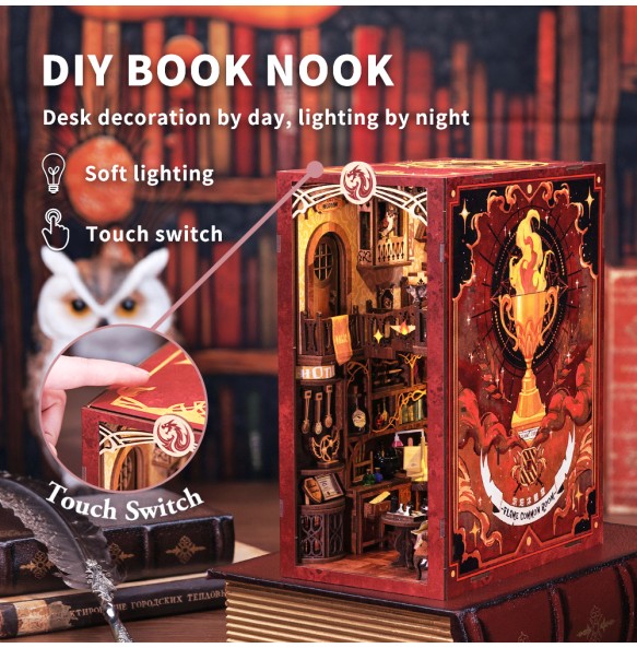 CUTEBEE Book Nook Doll House 3D Puzzle With Touch Light Dust Cover Magic Gift Ideas Bookshelf Insert Toy Gifts Flame Common Room