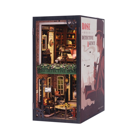 CUTEBEE Book Nook 3D Puzzle Miniature Doll House Kit With Touch Light Dust Cover DIY Bookshelf Insert Gift Rose Detective Agency