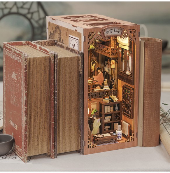 CUTEBEE Book Nook Miniature DollHouse Kit With Touch Light Dust Cover Doll House Model Toy For Birthday Gift Ink Rhyme Bookstore