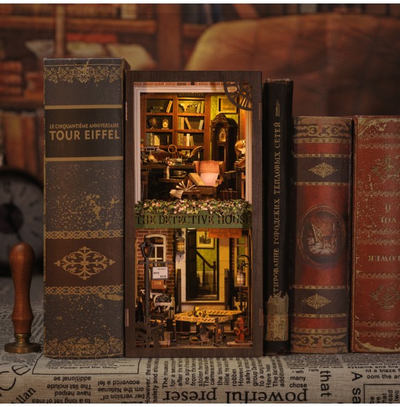 CUTEBEE Book Nook 3D Puzzle Miniature Doll House Kit With Touch Light Dust Cover DIY Bookshelf Insert Gift Rose Detective Agency