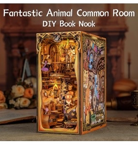 CUTEBEE DIY Book Nook Wooden Dollhouse with Touch Light Magic Theme Bookshelf Insert Decor for Gift Fantastic Animal Common Room