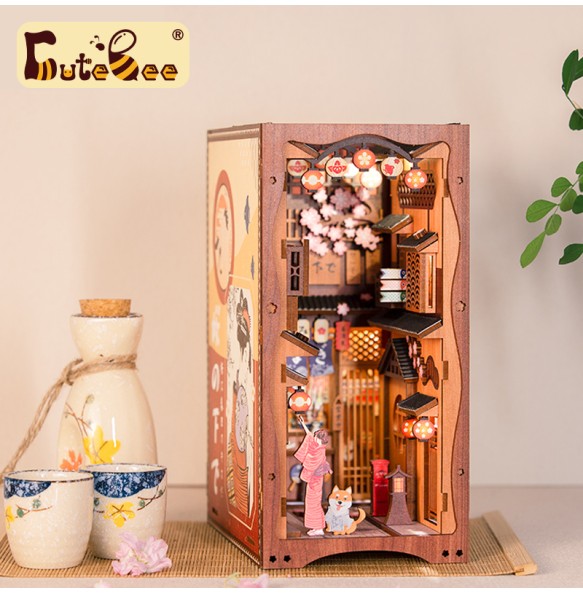 CUTEBEE DIY Book Nook Wooden Bookshelf Insert Miniature House Booknook Sakura Model Kits Collection Toy for Birthday Gifts