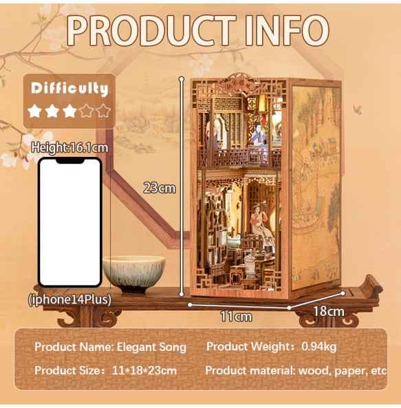 CUTEBEE DIY Book Nook Kit Mini House with Furniture Touch Light Elegant Song Dynasty Chinese Culture 3D Bookend for Adult Gifts