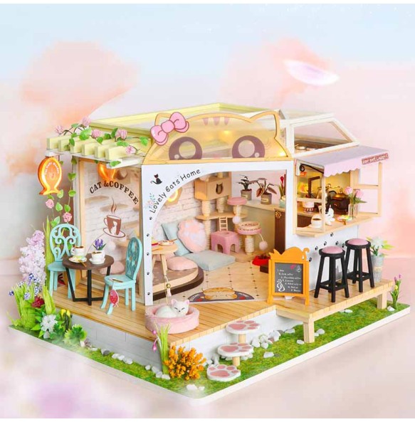 CUTEBEE DIY Miniature Dollhouse with Furniture Light Cute Cat Wooden Doll House Roombox Building Kit Model Toy for Birthday Gift