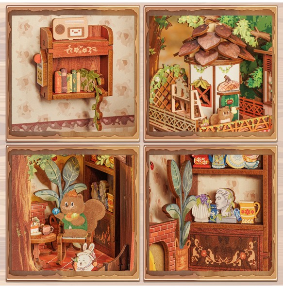 CUTEBEE DIY Book Nook Miniature Wooden Dollhouse with Light Dust Cover Bookshelf Insert 3D Puzzle Decor Gift Squirrel Collector