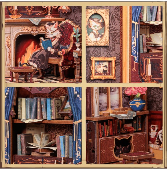 CUTEBEE DIY Book Nook Miniature Wooden Dollhouse with Lights Bookshelf Insert 3D Puzzle Decor Model for Gifts Count Cat's Study