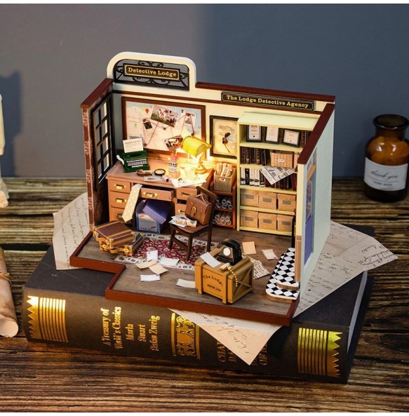 DIY Wooden Doll houses with Furniture LED Lights Miniature Dollhouse Kit Roombox Toy for Birthday Gift Detective Agency of Lodge