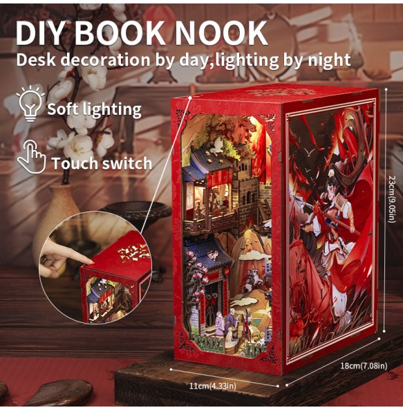 CUTEBEE Chinese Style Book Nook Wooden Dollhouse with Light Dust Cover DIY Bookshelf Insert Decor for Gift the Legend of Mulan