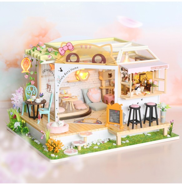 CUTEBEE DIY Miniature Dollhouse with Furniture Light Cute Cat Wooden Doll House Roombox Building Kit Model Toy for Birthday Gift