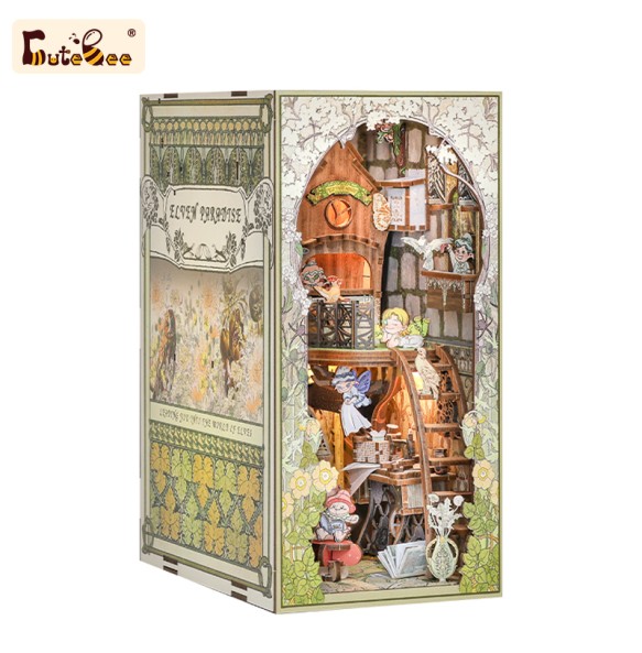 CUTEBEE Book Nook Kit DIY Wooden Doll House with Touch Light Elven Paradise Miniature Building Kits Model for Decompression Gift