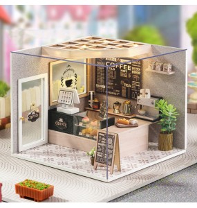 DIY Dollhouse Kit with Furniture and Lights Coffee Shop Miniature Doll House Wooden Model Toy for Birthday Gifts