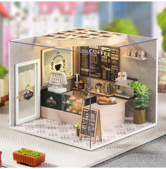 DIY Dollhouse Kit with Furniture and Lights Coffee Shop Miniature Doll House Wooden Model Toy for Birthday Gifts