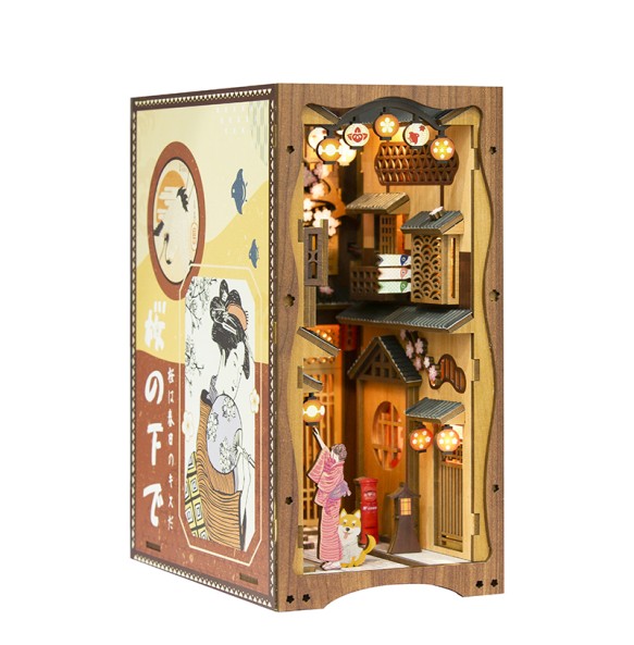 CUTEBEE DIY Book Nook Wooden Dollhouse Bookshelf Insert Miniature House Booknook Sakura Model Toy for Decoration Birthday Gifts