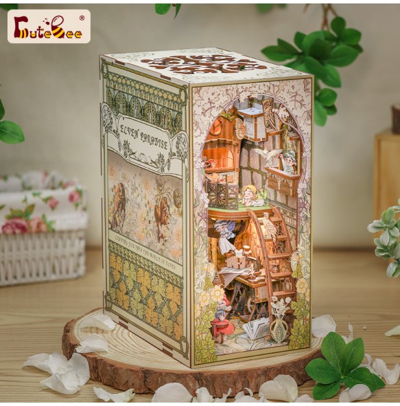 CUTEBEE Book Nook Kit DIY Wooden Doll House with Touch Light Elven Paradise Miniature Building Kits Model for Decompression Gift