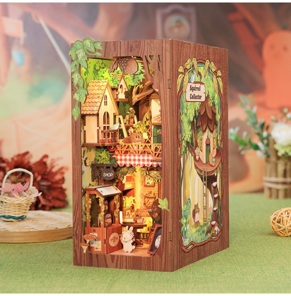 CUTEBEE DIY Book Nook Miniature Wooden Dollhouse with Light Dust Cover Bookshelf Insert 3D Puzzle Decor Gift Squirrel Collector