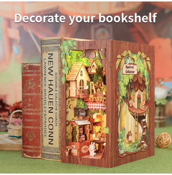 CUTEBEE DIY Book Nook Miniature Wooden Dollhouse with Light Dust Cover Bookshelf Insert 3D Puzzle Decor Gift Squirrel Collector