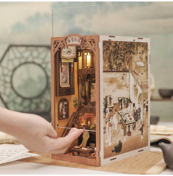 CUTEBEE Book Nook Dollhouse Kit With Touch Light Dust Cover DIY Miniature Doll House Toys For Birthday Gifts Ink Rhyme Bookstore