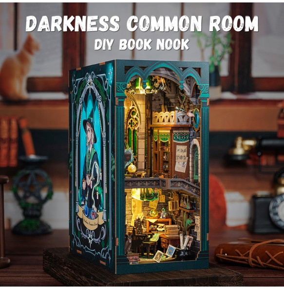 CUTEBEE DIY Book Nook Wooden Dollhouse with Light Dust Cover Magic Bookshelf Insert 3D Puzzle Decor Gift Darkness Common Room