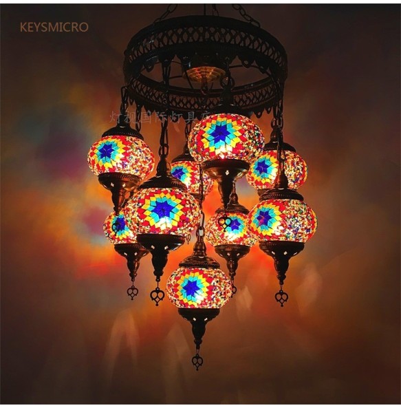 New Style 9 heads Turkish mosaic pendant Lamp vintage art deco Handcrafted lamparas de mesa mosaic Glass romantic  light