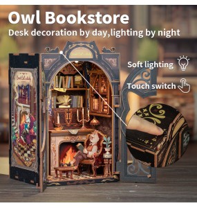 CUTEBEE DIY Book Nook Miniature Wooden Dollhouse with Lights Bookshelf Insert 3D Puzzle Decor Model for Gifts Count Cat's Study