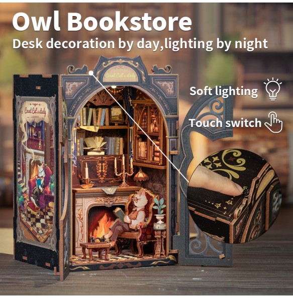 CUTEBEE DIY Book Nook Miniature Wooden Dollhouse with Lights Bookshelf Insert 3D Puzzle Decor Model for Gifts Count Cat's Study