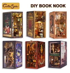 CUTEBEE DIY Book Nook Doll House with LED Light Dust Cover Bookshelf Insert Decoration Model For Birthday Gift Eternal Bookstore