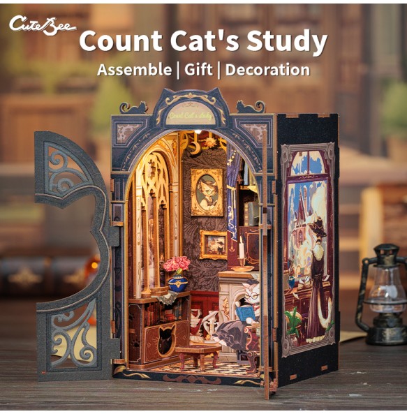 CUTEBEE DIY Book Nook Miniature Wooden Dollhouse with Lights Bookshelf Insert 3D Puzzle Decor Model for Gifts Count Cat's Study