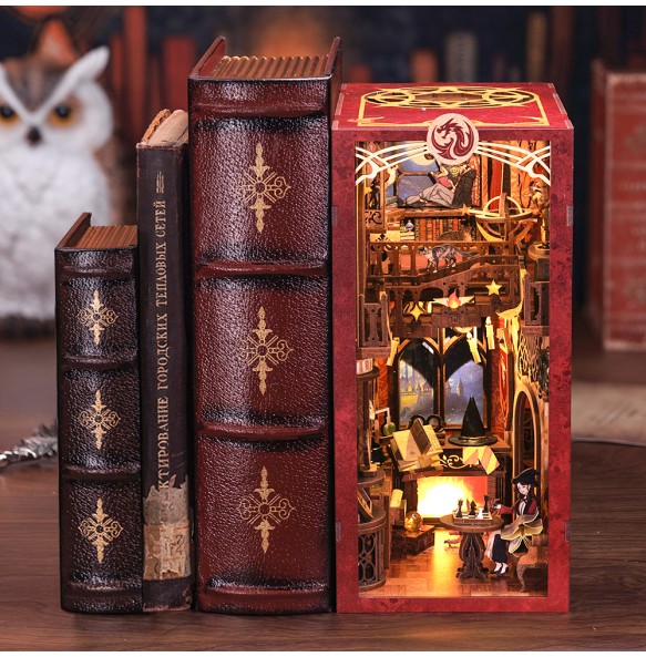 CUTEBEE Book Nook Doll House 3D Puzzle With Touch Light Dust Cover Magic Gift Ideas Bookshelf Insert Toy Gifts Flame Common Room