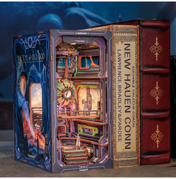 CUTEBEE DIY Book Nook Cthulhu Wooden Dollhouse with LED Dust Cover Bookshelf Insert 3D Puzzle Decor for Gift The Eye of Old God